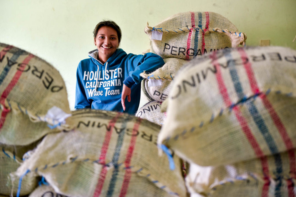 Pic by Neil Palmer (CIAT). Sacks coffee beans in the village of La Florida in Colombia's southern Nariño Department, waiting to be exported.